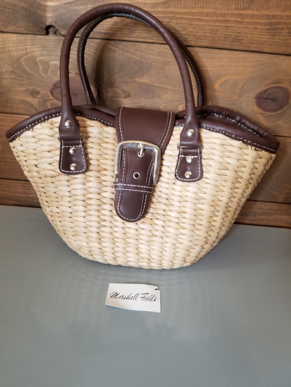 Marshall Fields Vtg Weaved Wicker Basket Bag Tan Brown Handles Bucket Purse